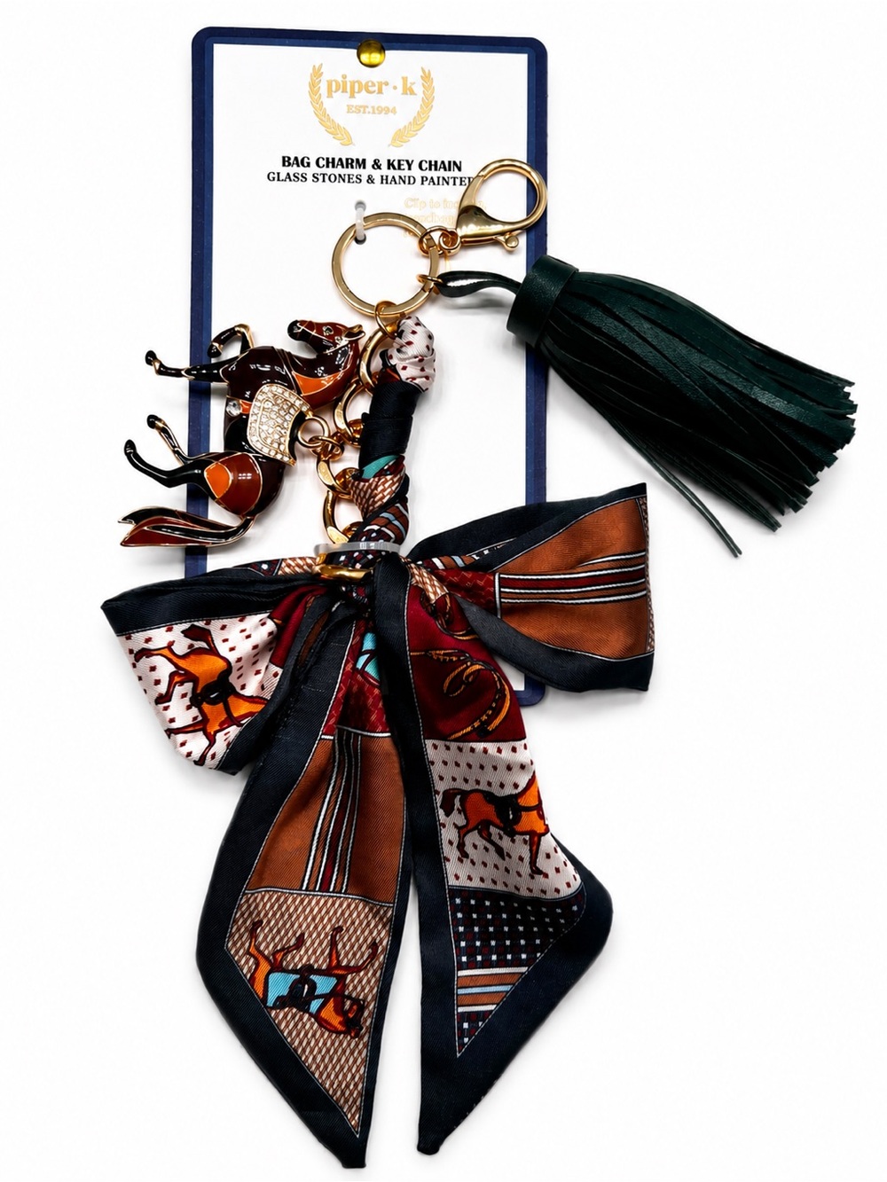 Piper K Western Horse Bag Charm Keychain Scarf Bow Green Tassel Rhinestone